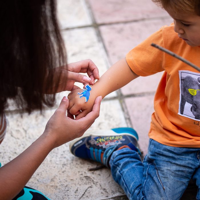 Child wearing Bioswiss dinosaur bandage
